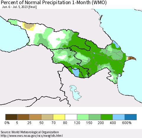 Azerbaijan, Armenia and Georgia Percent of Normal Precipitation 1-Month (WMO) Thematic Map For 6/6/2023 - 7/5/2023