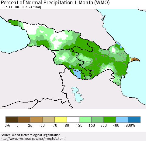 Azerbaijan, Armenia and Georgia Percent of Normal Precipitation 1-Month (WMO) Thematic Map For 6/11/2023 - 7/10/2023
