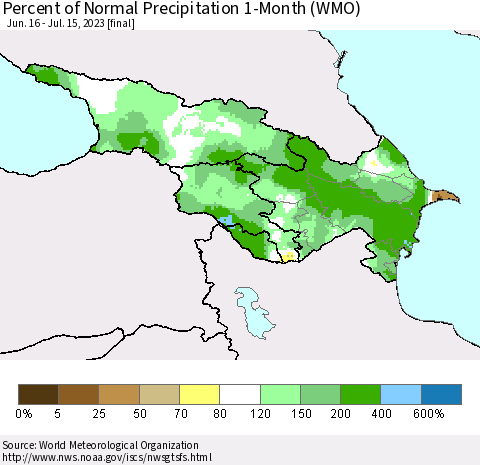Azerbaijan, Armenia and Georgia Percent of Normal Precipitation 1-Month (WMO) Thematic Map For 6/16/2023 - 7/15/2023