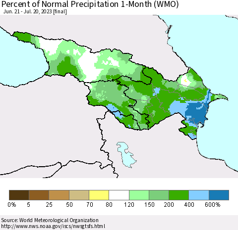 Azerbaijan, Armenia and Georgia Percent of Normal Precipitation 1-Month (WMO) Thematic Map For 6/21/2023 - 7/20/2023
