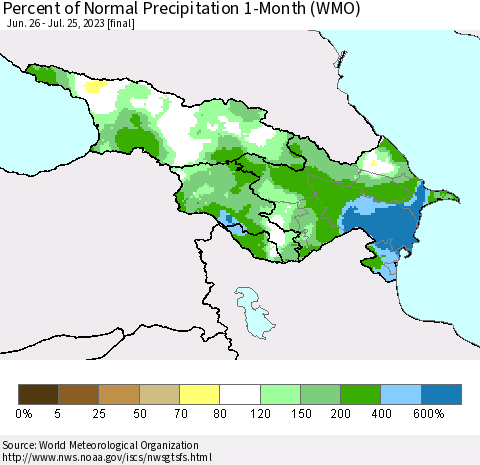 Azerbaijan, Armenia and Georgia Percent of Normal Precipitation 1-Month (WMO) Thematic Map For 6/26/2023 - 7/25/2023