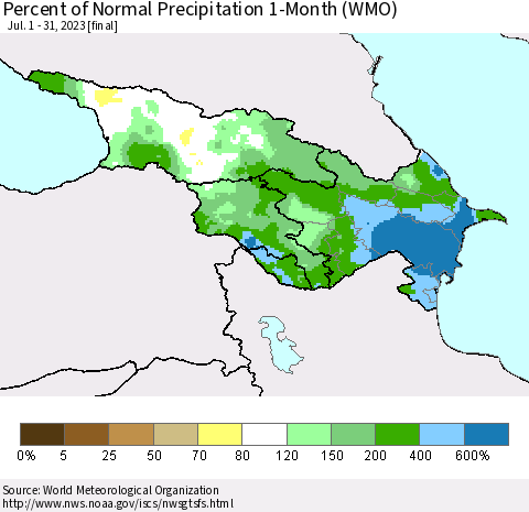 Azerbaijan, Armenia and Georgia Percent of Normal Precipitation 1-Month (WMO) Thematic Map For 7/1/2023 - 7/31/2023