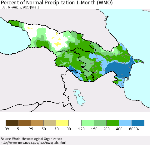 Azerbaijan, Armenia and Georgia Percent of Normal Precipitation 1-Month (WMO) Thematic Map For 7/6/2023 - 8/5/2023