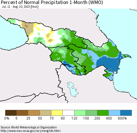 Azerbaijan, Armenia and Georgia Percent of Normal Precipitation 1-Month (WMO) Thematic Map For 7/11/2023 - 8/10/2023