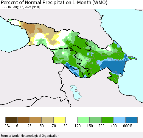 Azerbaijan, Armenia and Georgia Percent of Normal Precipitation 1-Month (WMO) Thematic Map For 7/16/2023 - 8/15/2023