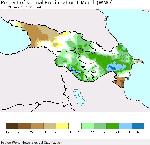 Azerbaijan, Armenia and Georgia Percent of Normal Precipitation 1-Month (WMO) Thematic Map For 7/21/2023 - 8/20/2023