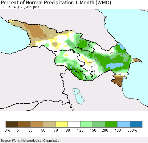 Azerbaijan, Armenia and Georgia Percent of Normal Precipitation 1-Month (WMO) Thematic Map For 7/26/2023 - 8/25/2023