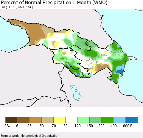 Azerbaijan, Armenia and Georgia Percent of Normal Precipitation 1-Month (WMO) Thematic Map For 8/1/2023 - 8/31/2023