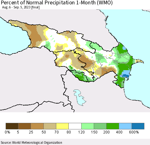 Azerbaijan, Armenia and Georgia Percent of Normal Precipitation 1-Month (WMO) Thematic Map For 8/6/2023 - 9/5/2023