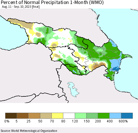 Azerbaijan, Armenia and Georgia Percent of Normal Precipitation 1-Month (WMO) Thematic Map For 8/11/2023 - 9/10/2023
