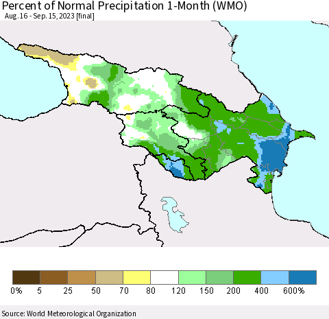 Azerbaijan, Armenia and Georgia Percent of Normal Precipitation 1-Month (WMO) Thematic Map For 8/16/2023 - 9/15/2023