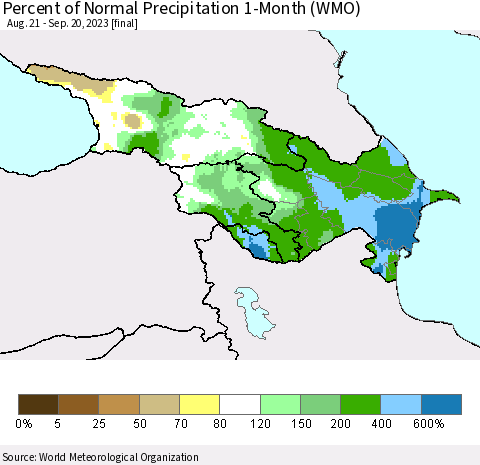 Azerbaijan, Armenia and Georgia Percent of Normal Precipitation 1-Month (WMO) Thematic Map For 8/21/2023 - 9/20/2023