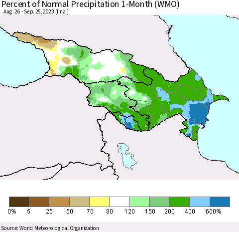 Azerbaijan, Armenia and Georgia Percent of Normal Precipitation 1-Month (WMO) Thematic Map For 8/26/2023 - 9/25/2023