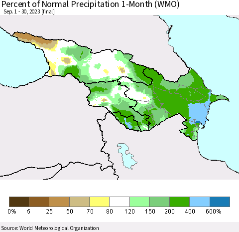 Azerbaijan, Armenia and Georgia Percent of Normal Precipitation 1-Month (WMO) Thematic Map For 9/1/2023 - 9/30/2023