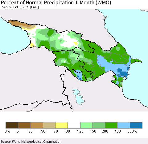 Azerbaijan, Armenia and Georgia Percent of Normal Precipitation 1-Month (WMO) Thematic Map For 9/6/2023 - 10/5/2023