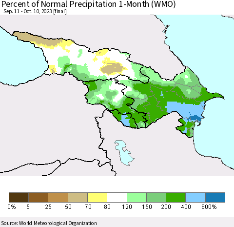 Azerbaijan, Armenia and Georgia Percent of Normal Precipitation 1-Month (WMO) Thematic Map For 9/11/2023 - 10/10/2023