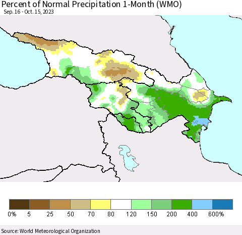 Azerbaijan, Armenia and Georgia Percent of Normal Precipitation 1-Month (WMO) Thematic Map For 9/16/2023 - 10/15/2023