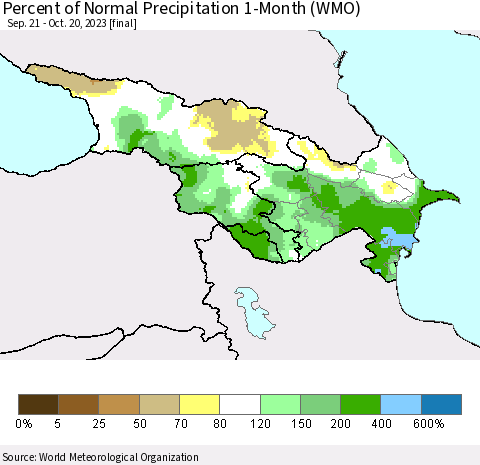Azerbaijan, Armenia and Georgia Percent of Normal Precipitation 1-Month (WMO) Thematic Map For 9/21/2023 - 10/20/2023