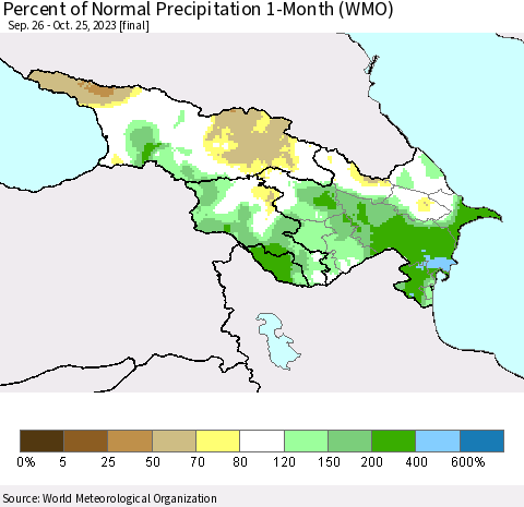 Azerbaijan, Armenia and Georgia Percent of Normal Precipitation 1-Month (WMO) Thematic Map For 9/26/2023 - 10/25/2023