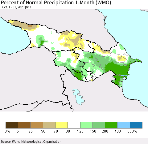 Azerbaijan, Armenia and Georgia Percent of Normal Precipitation 1-Month (WMO) Thematic Map For 10/1/2023 - 10/31/2023