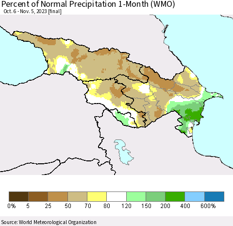 Azerbaijan, Armenia and Georgia Percent of Normal Precipitation 1-Month (WMO) Thematic Map For 10/6/2023 - 11/5/2023