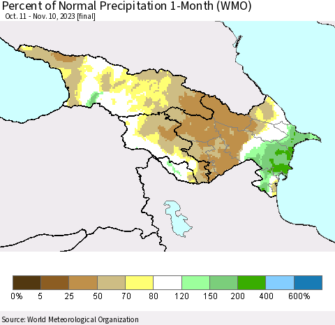 Azerbaijan, Armenia and Georgia Percent of Normal Precipitation 1-Month (WMO) Thematic Map For 10/11/2023 - 11/10/2023