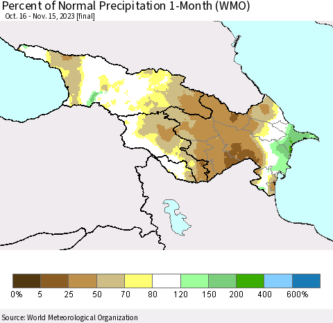 Azerbaijan, Armenia and Georgia Percent of Normal Precipitation 1-Month (WMO) Thematic Map For 10/16/2023 - 11/15/2023