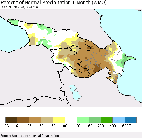 Azerbaijan, Armenia and Georgia Percent of Normal Precipitation 1-Month (WMO) Thematic Map For 10/21/2023 - 11/20/2023