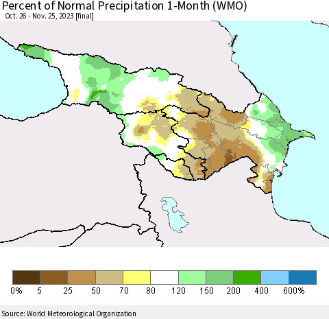 Azerbaijan, Armenia and Georgia Percent of Normal Precipitation 1-Month (WMO) Thematic Map For 10/26/2023 - 11/25/2023