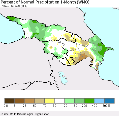 Azerbaijan, Armenia and Georgia Percent of Normal Precipitation 1-Month (WMO) Thematic Map For 11/1/2023 - 11/30/2023