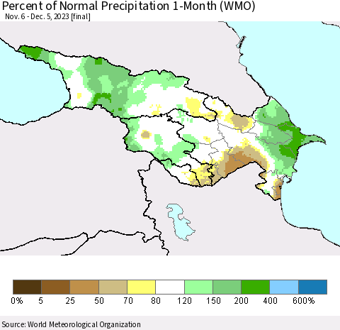Azerbaijan, Armenia and Georgia Percent of Normal Precipitation 1-Month (WMO) Thematic Map For 11/6/2023 - 12/5/2023