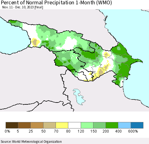 Azerbaijan, Armenia and Georgia Percent of Normal Precipitation 1-Month (WMO) Thematic Map For 11/11/2023 - 12/10/2023