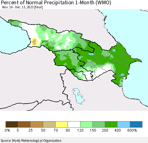 Azerbaijan, Armenia and Georgia Percent of Normal Precipitation 1-Month (WMO) Thematic Map For 11/16/2023 - 12/15/2023