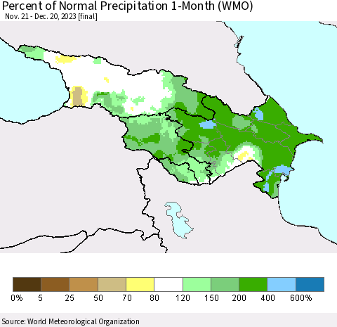 Azerbaijan, Armenia and Georgia Percent of Normal Precipitation 1-Month (WMO) Thematic Map For 11/21/2023 - 12/20/2023