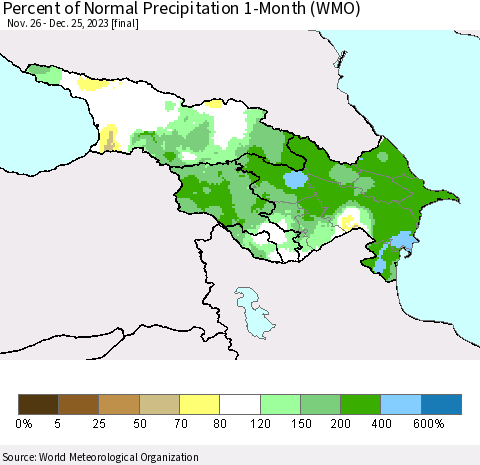 Azerbaijan, Armenia and Georgia Percent of Normal Precipitation 1-Month (WMO) Thematic Map For 11/26/2023 - 12/25/2023