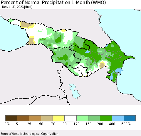 Azerbaijan, Armenia and Georgia Percent of Normal Precipitation 1-Month (WMO) Thematic Map For 12/1/2023 - 12/31/2023