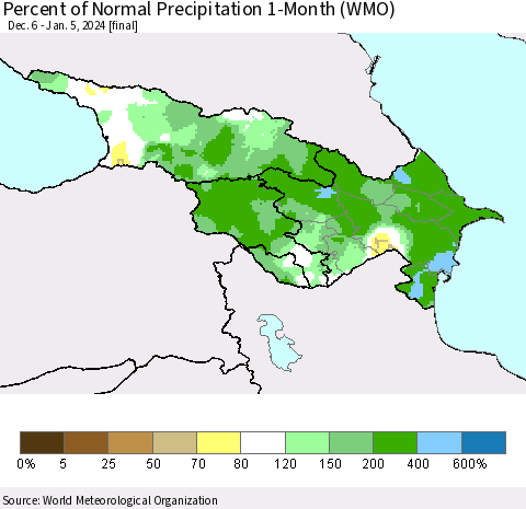 Azerbaijan, Armenia and Georgia Percent of Normal Precipitation 1-Month (WMO) Thematic Map For 12/6/2023 - 1/5/2024