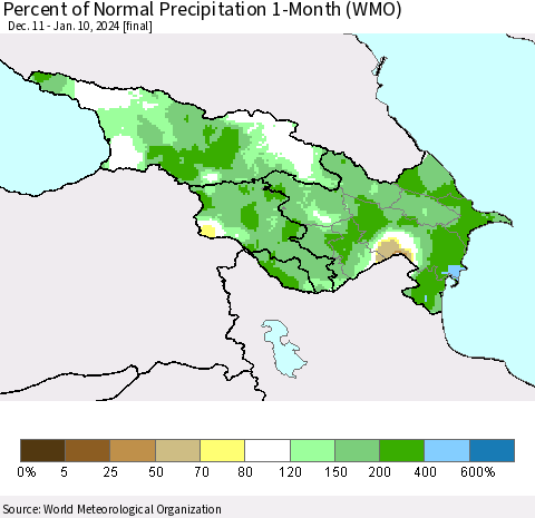 Azerbaijan, Armenia and Georgia Percent of Normal Precipitation 1-Month (WMO) Thematic Map For 12/11/2023 - 1/10/2024