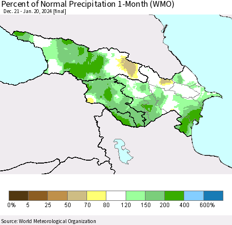 Azerbaijan, Armenia and Georgia Percent of Normal Precipitation 1-Month (WMO) Thematic Map For 12/21/2023 - 1/20/2024