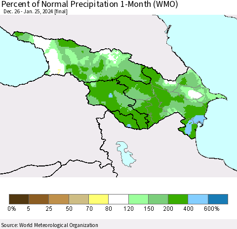Azerbaijan, Armenia and Georgia Percent of Normal Precipitation 1-Month (WMO) Thematic Map For 12/26/2023 - 1/25/2024