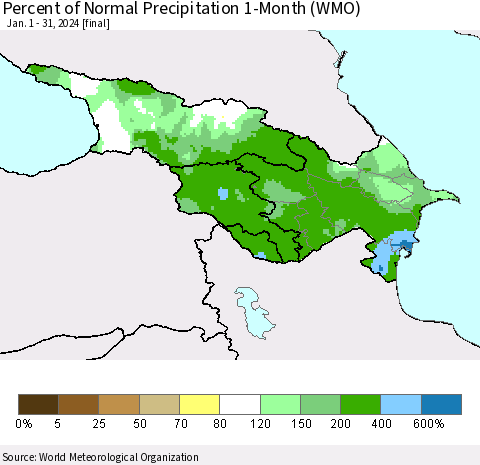 Azerbaijan, Armenia and Georgia Percent of Normal Precipitation 1-Month (WMO) Thematic Map For 1/1/2024 - 1/31/2024