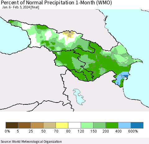 Azerbaijan, Armenia and Georgia Percent of Normal Precipitation 1-Month (WMO) Thematic Map For 1/6/2024 - 2/5/2024