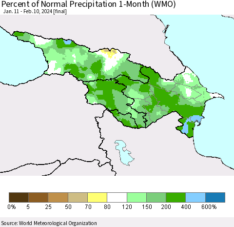 Azerbaijan, Armenia and Georgia Percent of Normal Precipitation 1-Month (WMO) Thematic Map For 1/11/2024 - 2/10/2024