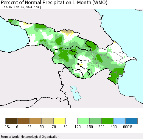Azerbaijan, Armenia and Georgia Percent of Normal Precipitation 1-Month (WMO) Thematic Map For 1/16/2024 - 2/15/2024