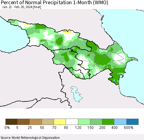 Azerbaijan, Armenia and Georgia Percent of Normal Precipitation 1-Month (WMO) Thematic Map For 1/21/2024 - 2/20/2024