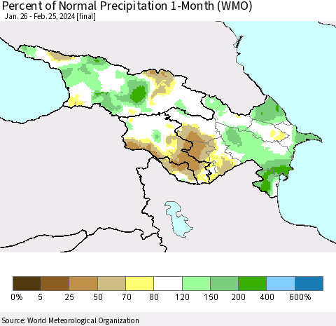 Azerbaijan, Armenia and Georgia Percent of Normal Precipitation 1-Month (WMO) Thematic Map For 1/26/2024 - 2/25/2024