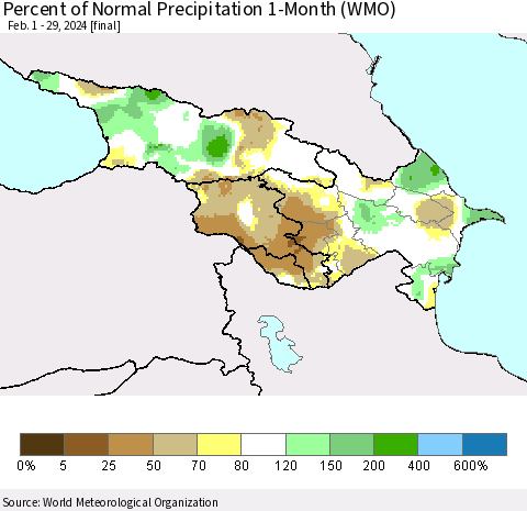Azerbaijan, Armenia and Georgia Percent of Normal Precipitation 1-Month (WMO) Thematic Map For 2/1/2024 - 2/29/2024