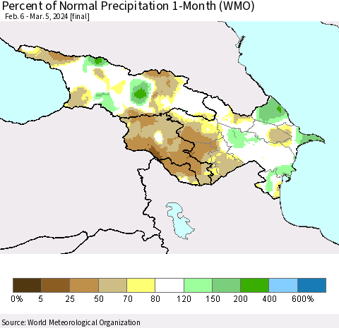 Azerbaijan, Armenia and Georgia Percent of Normal Precipitation 1-Month (WMO) Thematic Map For 2/6/2024 - 3/5/2024