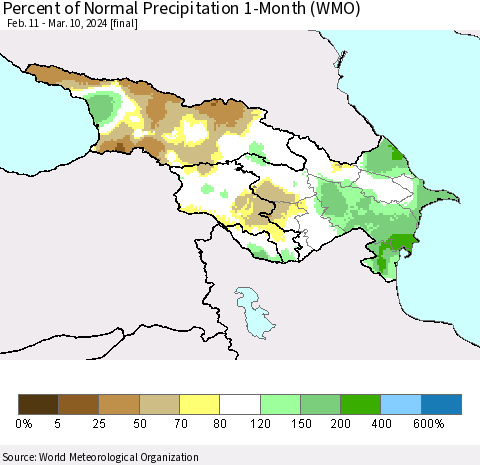 Azerbaijan, Armenia and Georgia Percent of Normal Precipitation 1-Month (WMO) Thematic Map For 2/11/2024 - 3/10/2024