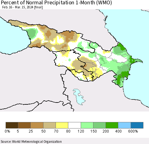 Azerbaijan, Armenia and Georgia Percent of Normal Precipitation 1-Month (WMO) Thematic Map For 2/16/2024 - 3/15/2024